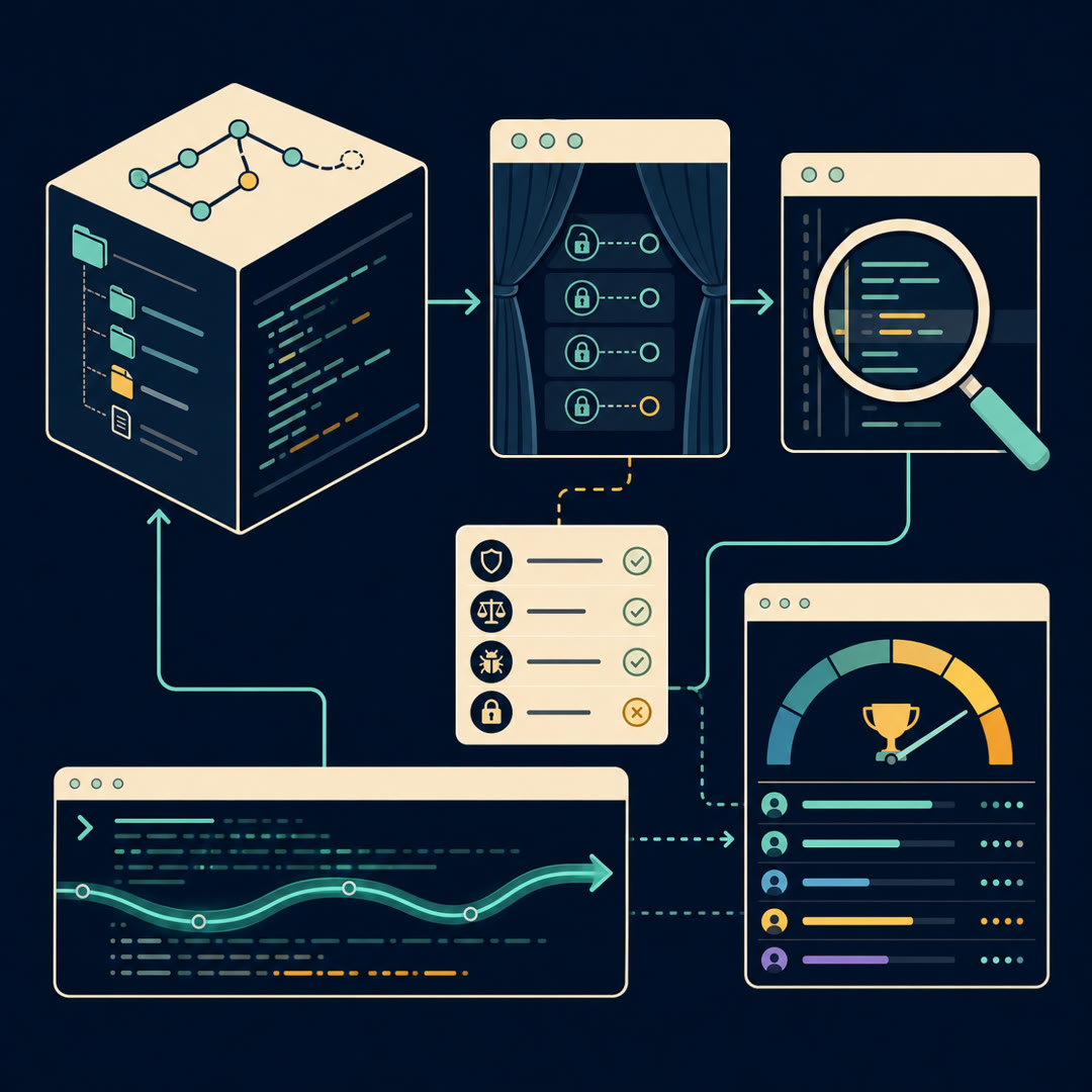 2D editorial illustration: a reviewer's loupe over a code-diff panel, a cyan trace ribbon running through a hidden-test gate to a needle trust meter, with a small rack of measuring dials for benchmark families. No text, no 3D.