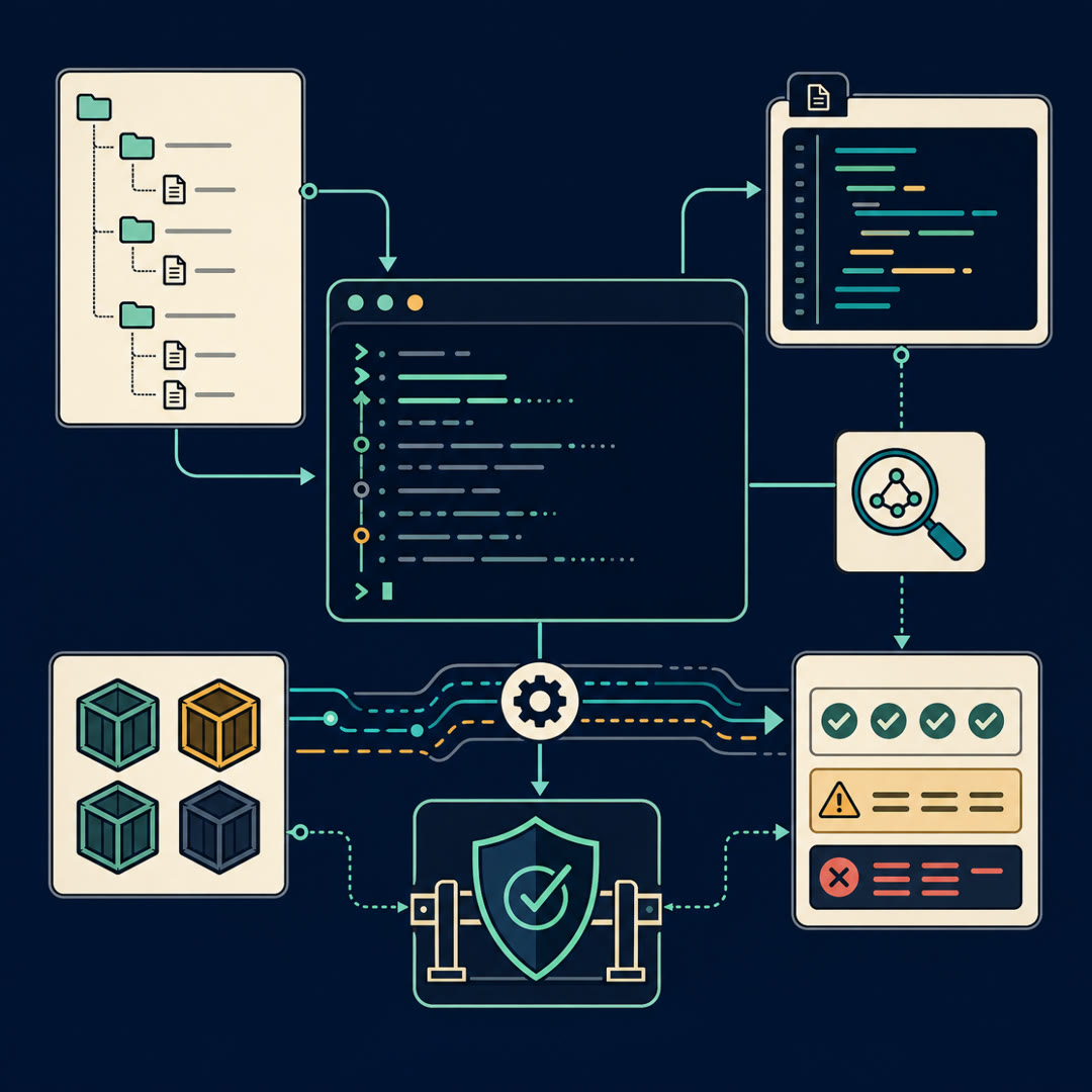 2D editorial illustration: a flat command-line terminal panel inside a small sandbox outline feeds a cyan trace ribbon through a hidden-test gate to a reviewer's loupe over a code diff and a needle trust meter, with a checkmark file-icon for final-state verification. No text, no 3D.