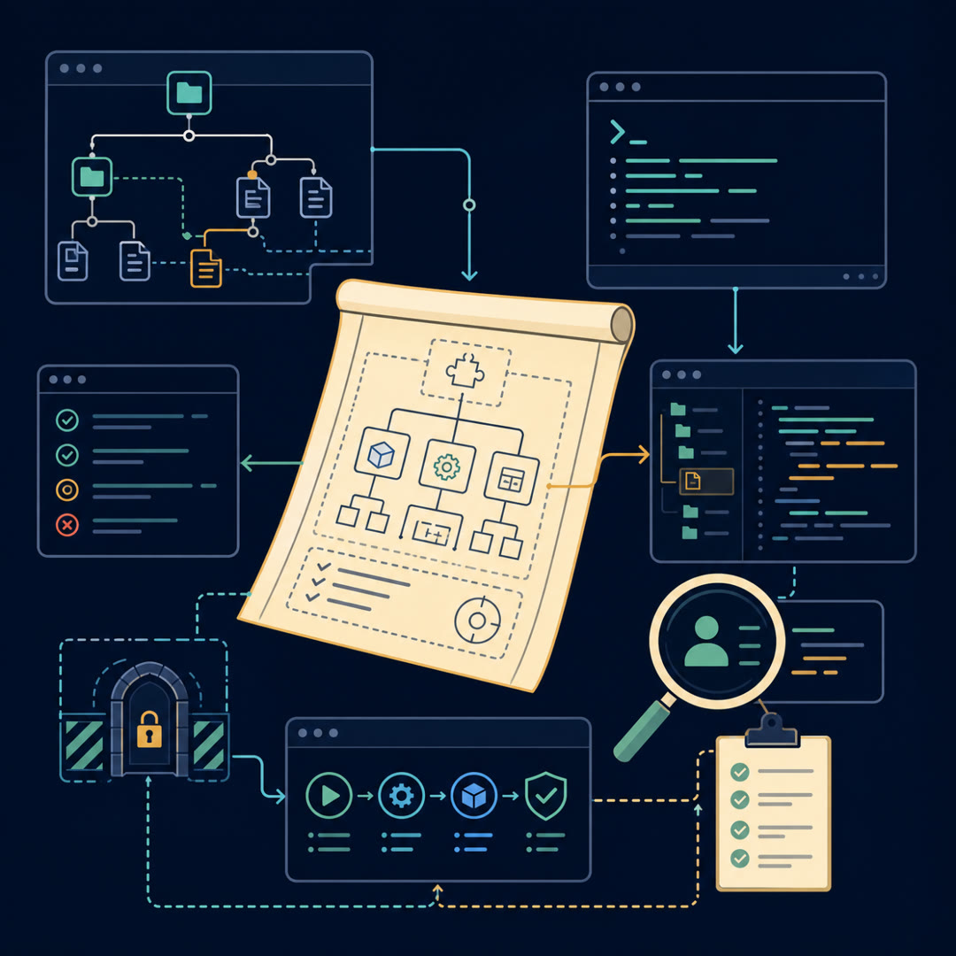 2D editorial illustration: a reviewer's loupe over a wide code-diff panel that fans into several connected file-cards, with thin test-mark connectors tracing a feature boundary across them like a stencil; a cyan trace ribbon runs through a hidden-test gate, and a small detached feature-block lifts clear while the rest of the codebase stays standing. No text, no 3D.