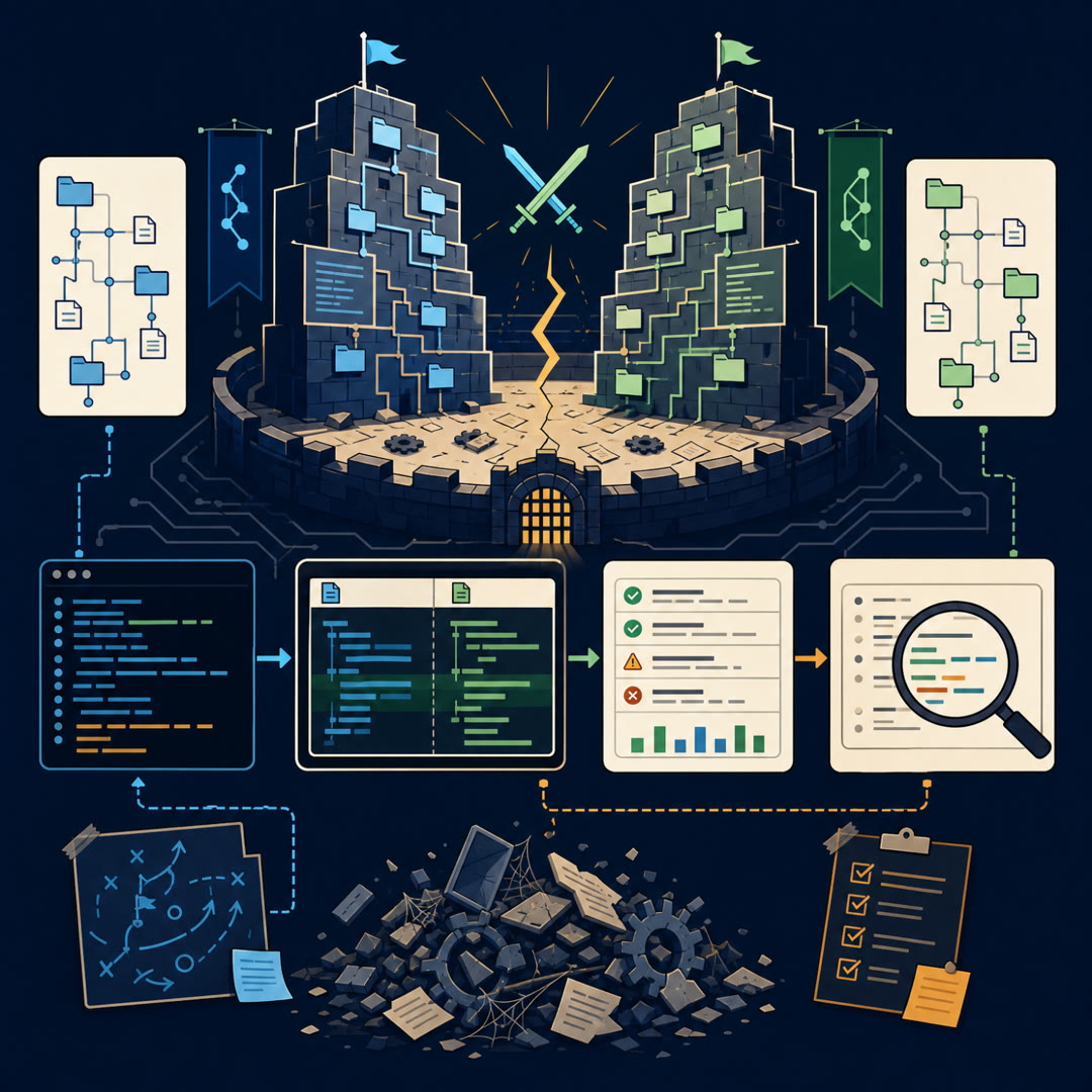 2D editorial illustration: two mirrored code-diff panels facing a small bracket-shaped competition arena, a reviewer's loupe over one diff, a cyan trace ribbon looping through the arena to a needle trust meter, with a tiny round-loop arrow and a small rack of measuring dials. No text, no 3D.