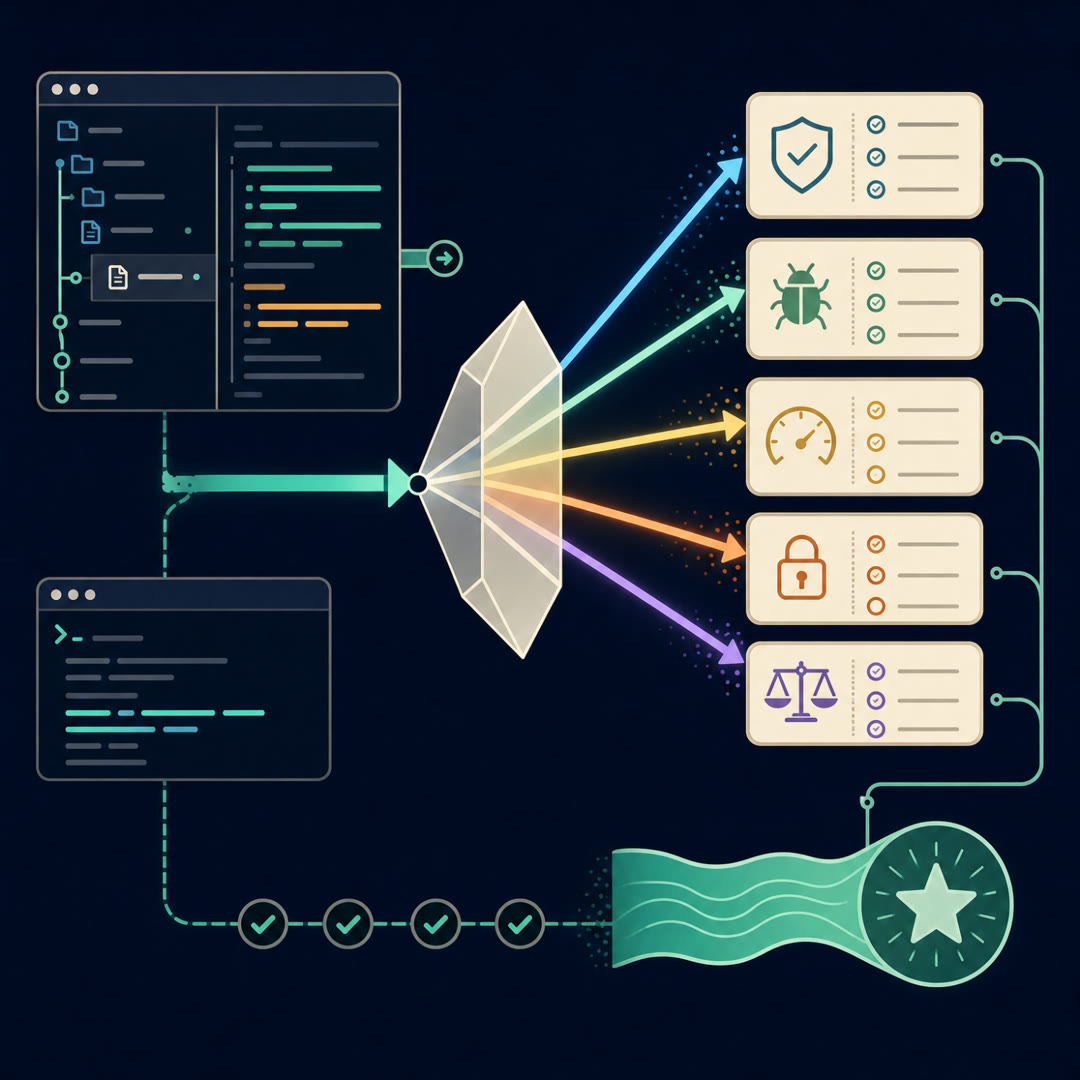 2D editorial illustration: a small flat model figure holds a reviewer's loupe over a fan of three near-identical candidate code-diff cards, two paired by a cyan bracket; a criteria checklist with three ticks sits beside the lens, and a trace ribbon carries a small confidence needle to a trust meter, with a faint hidden-test gate behind. No text, no 3D.