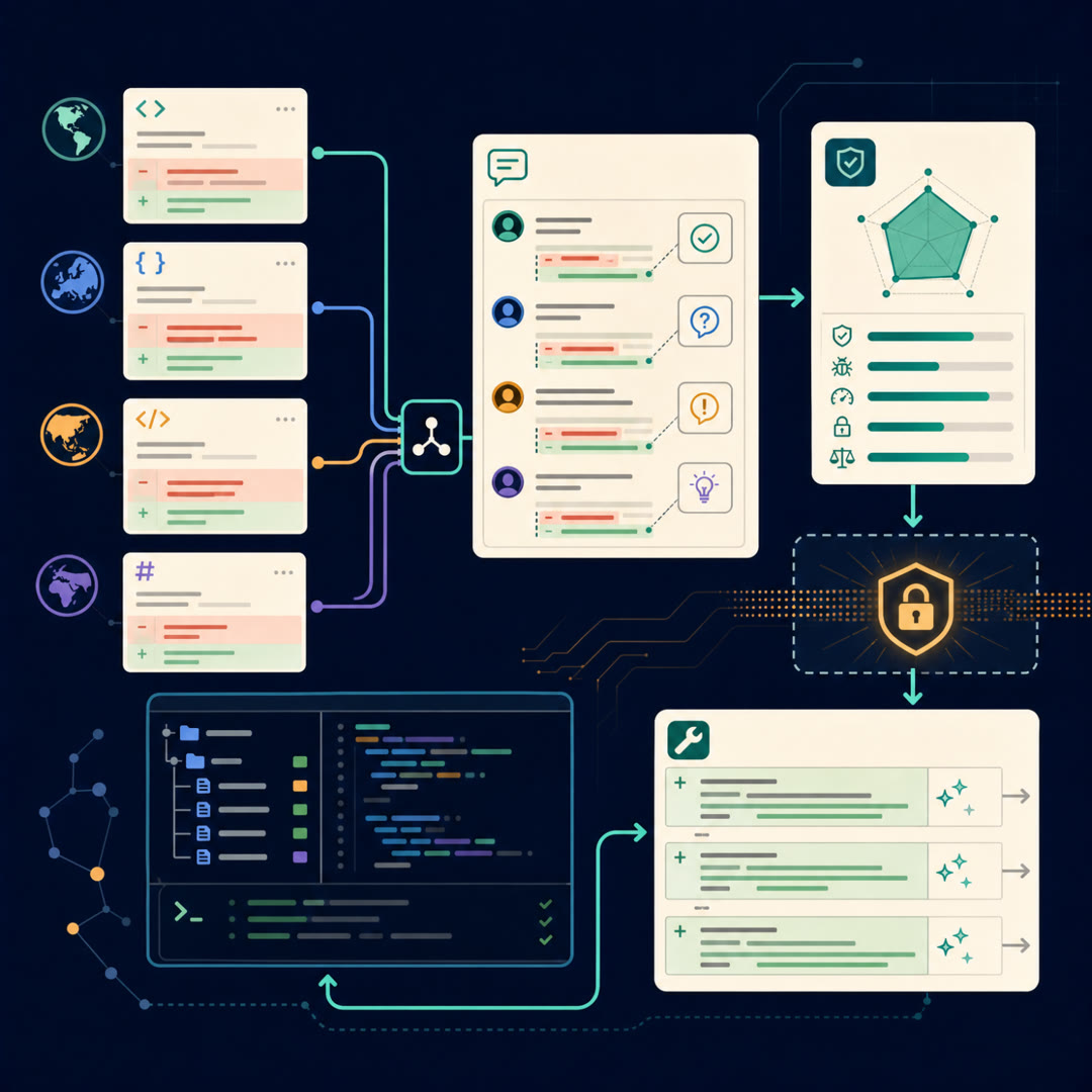 2D editorial illustration: a reviewer's loupe over a code-diff card on a small three-stop training conveyor — a gate stamp, a speech-note tag, and a wrench mark — with a faint multi-tint stack of diff cards behind it and a cyan trace ribbon running left to right. No text, no 3D.