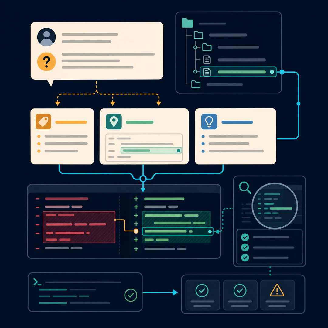 2D editorial illustration: a reviewer's loupe over a code-diff panel, with a cyan ribbon splitting into three small icon-marked question cards (a shape tag, a pin on a line, a wrench among options), a closed hidden-test gate upstream and a needle trust meter downstream. No text, no 3D.