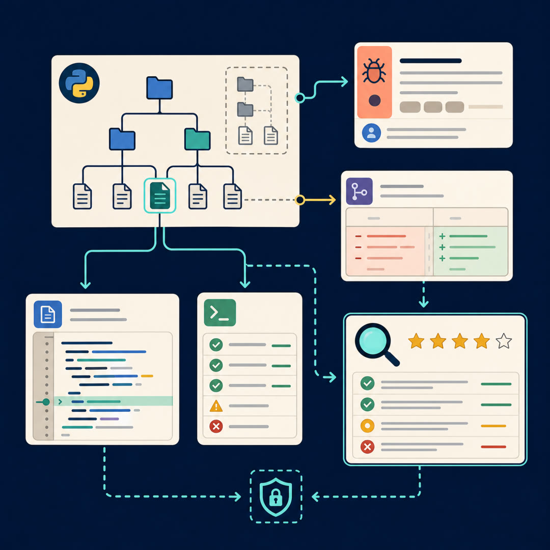 2D editorial illustration: a reviewer's loupe over a code-diff panel embedded inside an open repository folder with a linked-issue card and unrelated file tiles, a cyan trace ribbon that briefly forks through a rule-check stamp and a judging-eye icon before rejoining toward a needle trust meter. No text, no 3D.