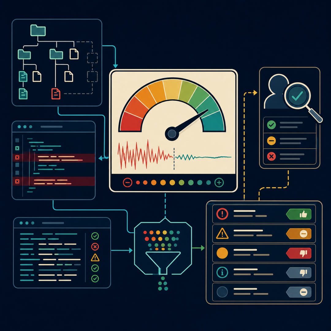 Flat-vector illustration of a reviewer lens over a code-diff panel; one highlighted line marks a real defect, and the lens sorts output into a short tray of accepted comments and a taller tray of crossed-out false alarms.