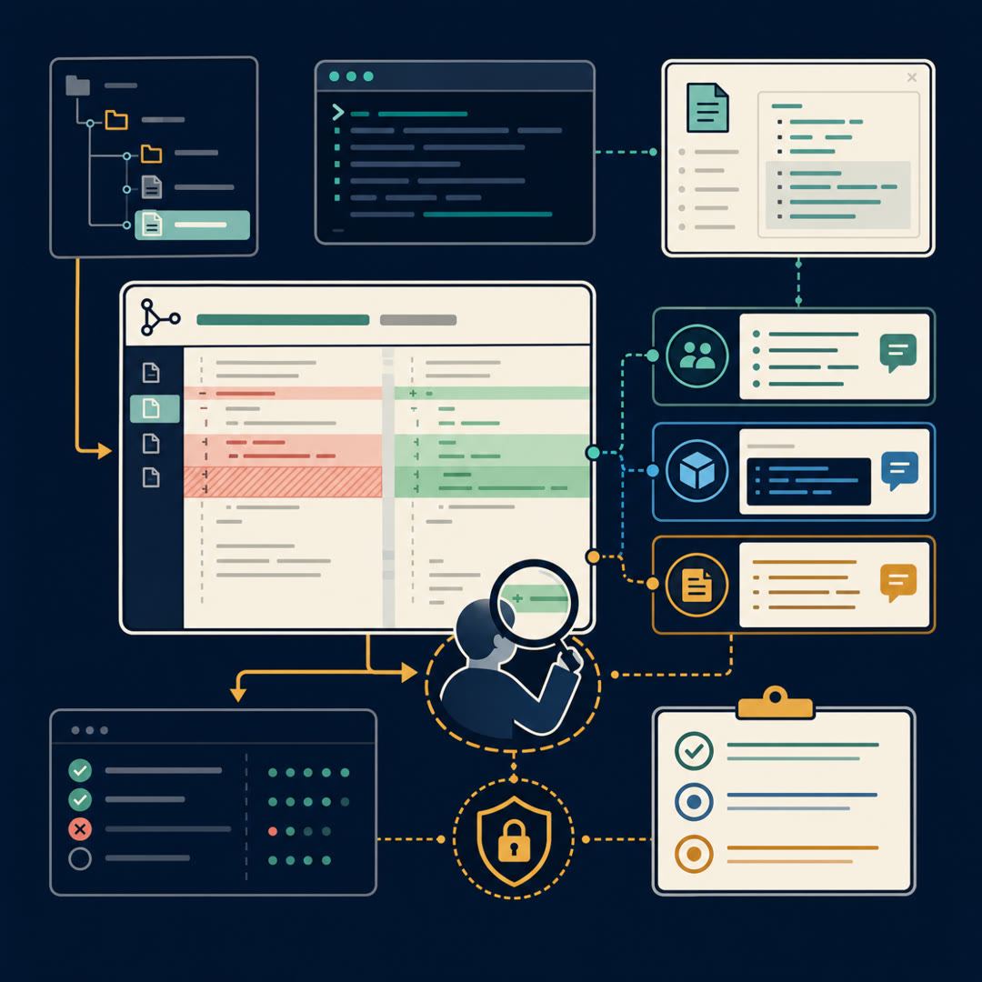 2D editorial illustration: a reviewer's loupe over a fanned stack of several code-diff panels forming one whole pull request, with small comment markers pinned to a few lines and a funnel narrowing wide context into a focused beam; a cyan trace ribbon runs past a hidden-test gate to a needle trust meter. No text, no 3D.