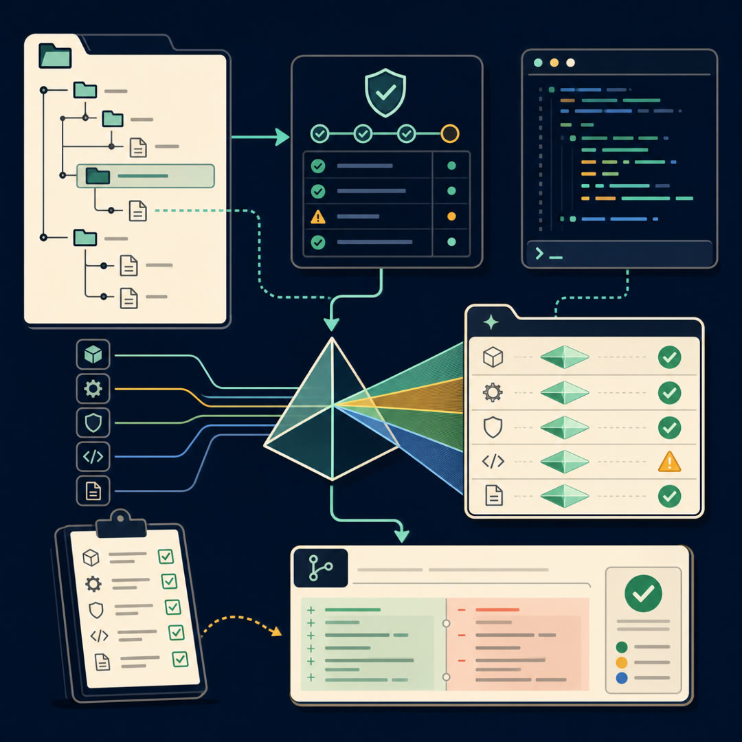 2D editorial illustration: a reviewer's loupe over a code-diff panel with a small paper receipt curling out beneath it; a cyan trace ribbon runs from the diff through a hidden-test gate and a short winding trajectory path to a needle trust meter, with a small rack of measuring dials for benchmark families. No text, no 3D.