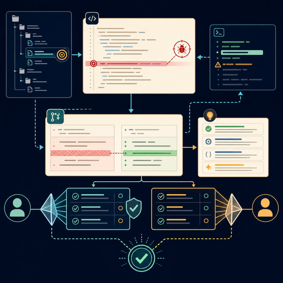 2D editorial illustration: a reviewer's loupe over a code-diff panel with one line pin-marked as a known bug, the cyan trace ribbon passing through two small matching judge-stamp icons, and a faint thread reaching to two offstage file corners for a cross-file defect. No text, no 3D.