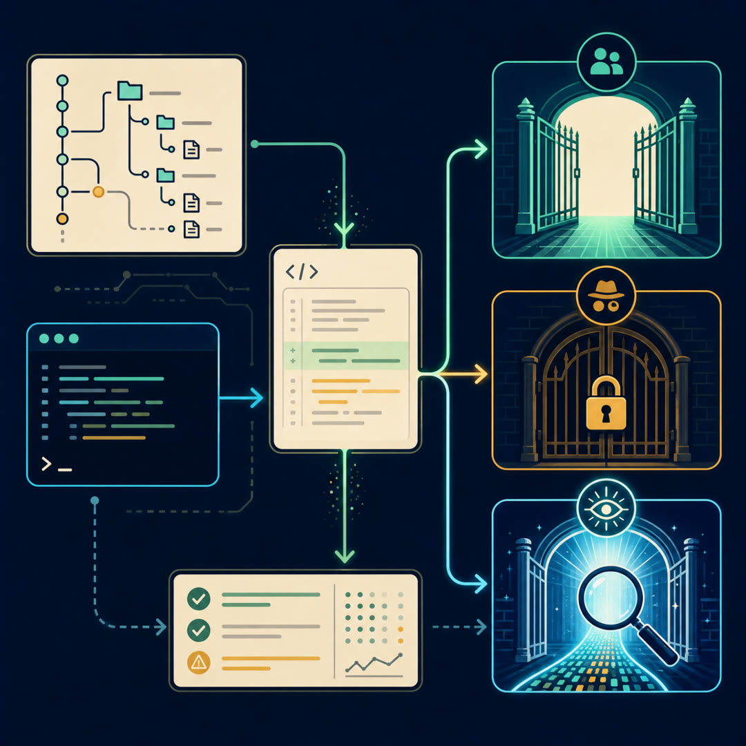 2D editorial illustration: a vertical ladder of cream rungs (eye, key-locked gate, balance scale, magnifier lens, human eye) re-judging the same code-diff panel, a cyan trace ribbon threading up to a needle trust meter, one diff line faintly flagged. No text, no 3D.