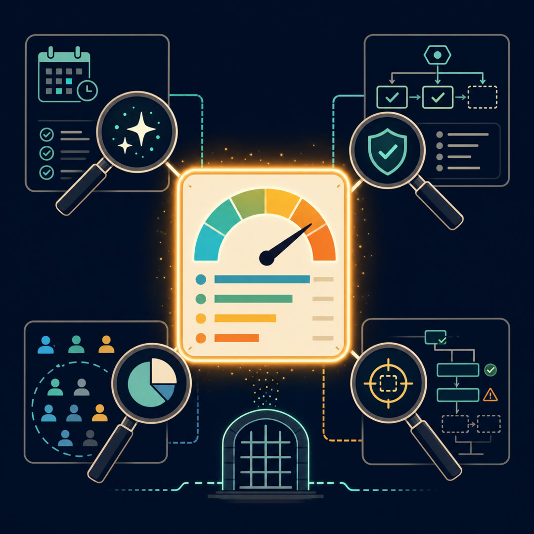 A 2D editorial illustration on a dark navy workspace of a central cream score panel being inspected through a flat magnifier that fans its result into several smaller labeled cards, with a stack-of-attempts motif behind it and a small freshness tag on the incoming task panel; cyan, mint, and amber line work, no readable text.