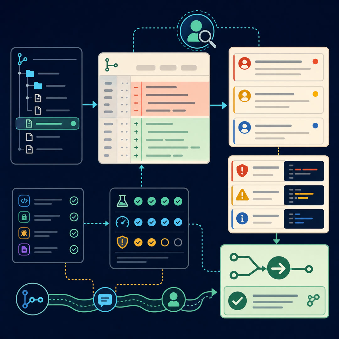 2D editorial illustration: a reviewer's loupe over a code-diff panel pinning one exact line, with a faint connector to a small adjacent untouched-code panel showing a break icon, an intent tag clipped to the diff, and a cyan trace ribbon running through a hidden-test gate to a needle trust meter. No text, no 3D.