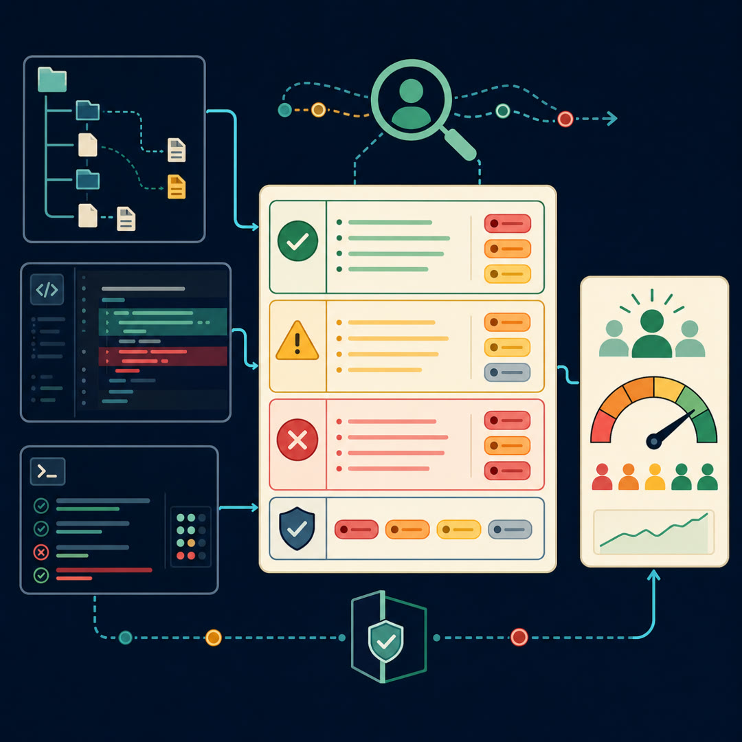 2D editorial illustration: a reviewer's loupe over a code-diff panel dotted with solid and hollow comment-pins, a cyan trace ribbon carrying the pins through a fine mesh sieve that holds back the hollow noise-pins, ending at a needle trust meter. No text, no 3D.