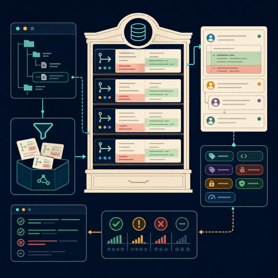 2D editorial illustration: a reviewer's loupe over a code-diff panel passing along a corridor of five icon-only doorways for five review-benchmark families, a cyan trace ribbon threading through them to a needle trust meter, with a small rack of measuring dials. No text, no 3D.