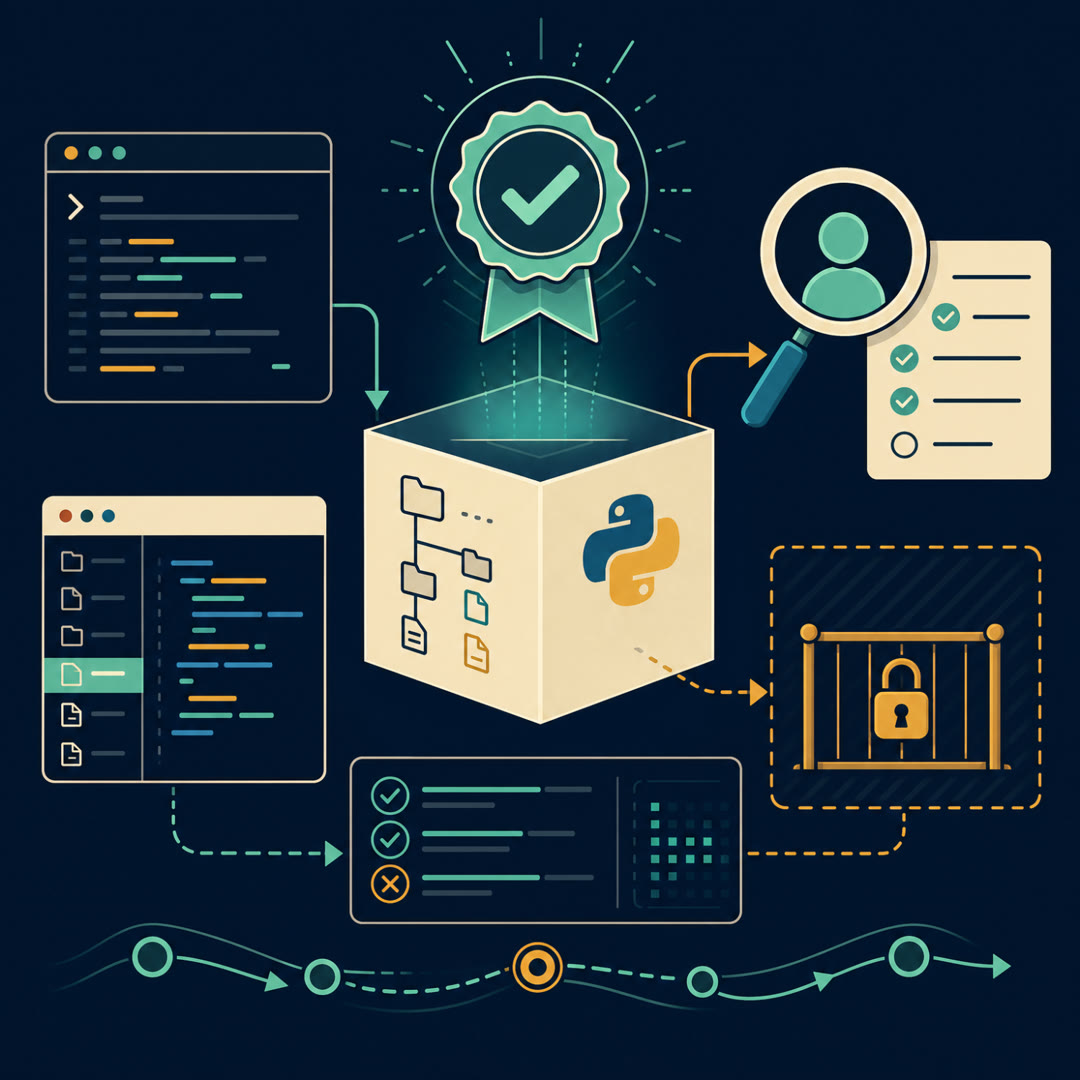 A flat-vector editorial illustration of a benchmark grading workbench. A human review lens hovers over a repository-issue card and a hidden-test gate, a cyan check-mark clears fair task cards onto the bench while an amber tray discards broken ones, and a mint trace ribbon runs from a cleared card through two test gates to a result panel.