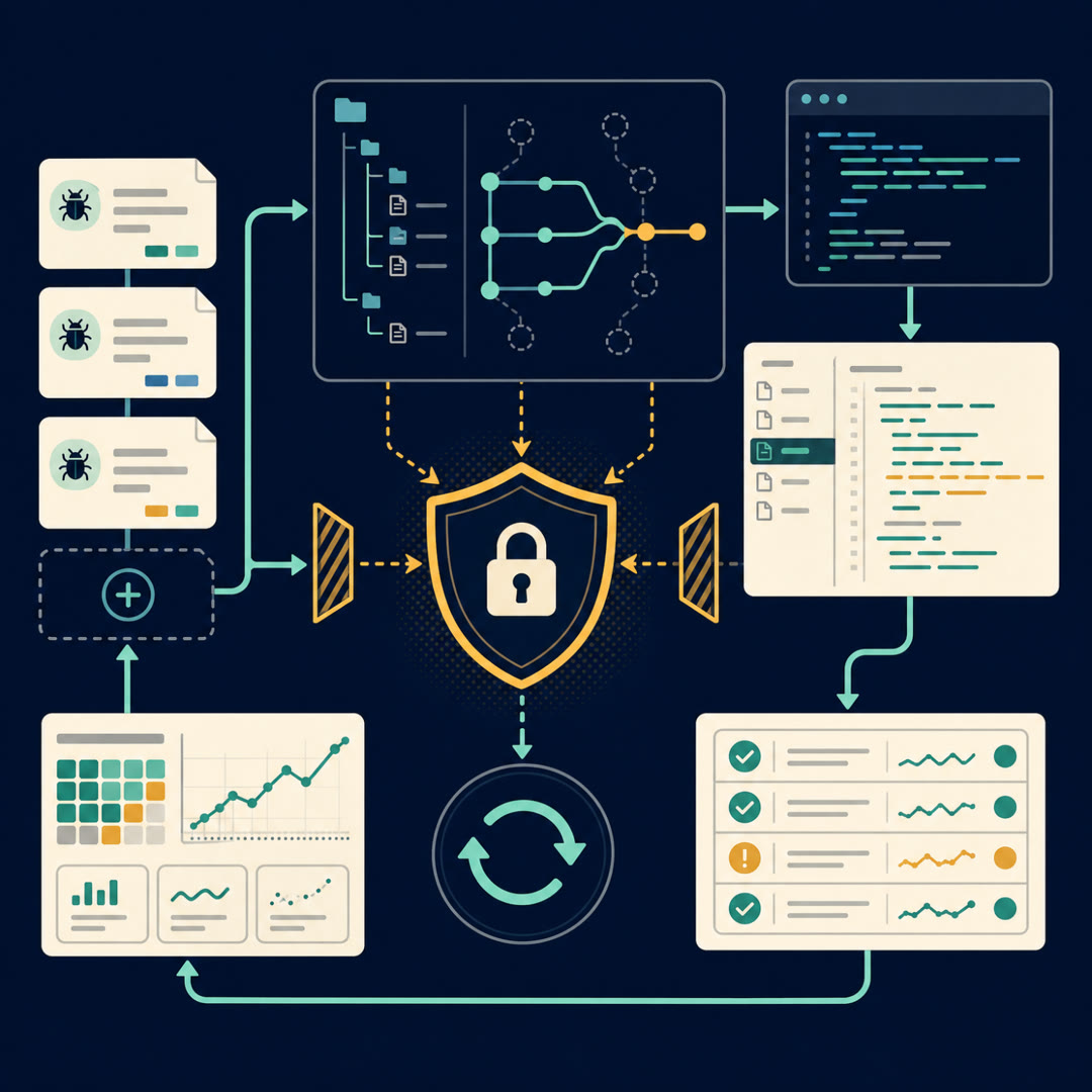 2D editorial illustration: a code-diff panel resting on a flat desk calendar with earlier pages fanned behind it, a small container icon feeding it through a closed hidden-test gate, a cyan trace ribbon running past a reviewer's loupe to a needle trust meter. No text, no 3D.