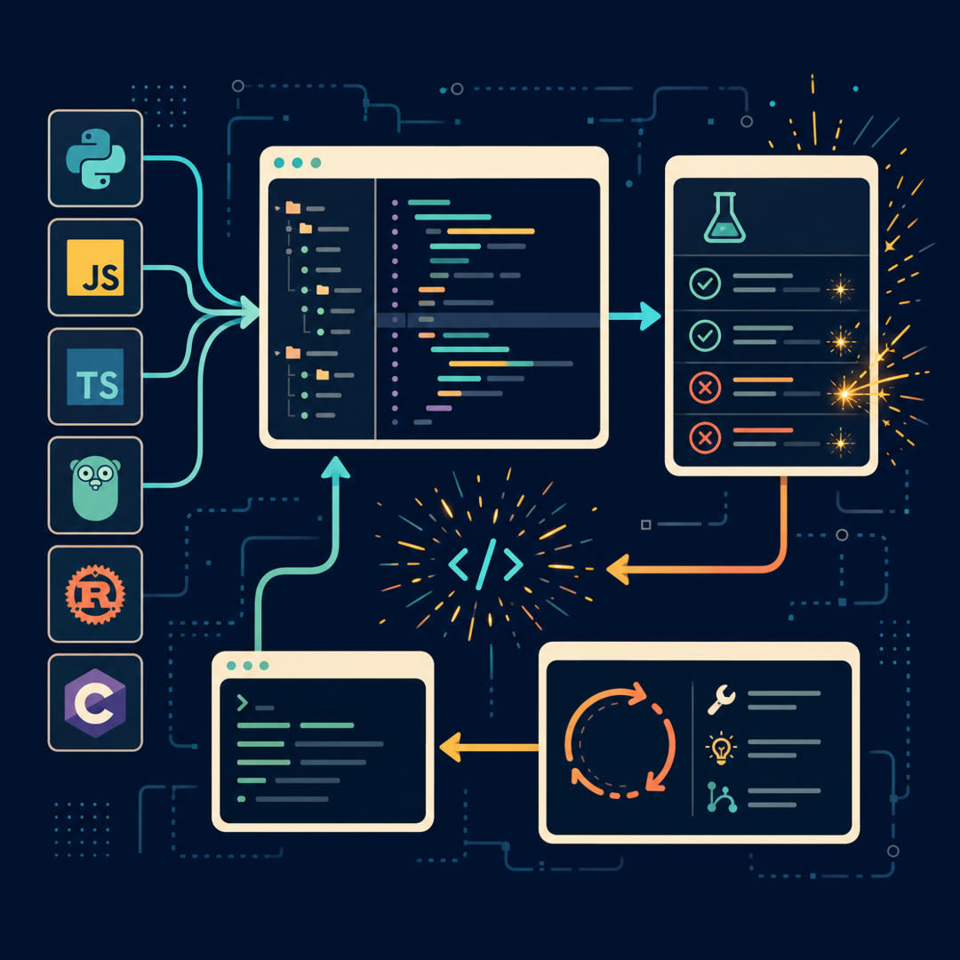 2D editorial illustration: a reviewer's loupe over a code-diff panel whose changed lines feed through a small slot-and-key edit-format adapter onto a cyan trace ribbon toward a hidden-test gate; one misaligned line falls away from the ribbon, and a small fan of six language tiles feeds the same adapter. No text, no 3D.