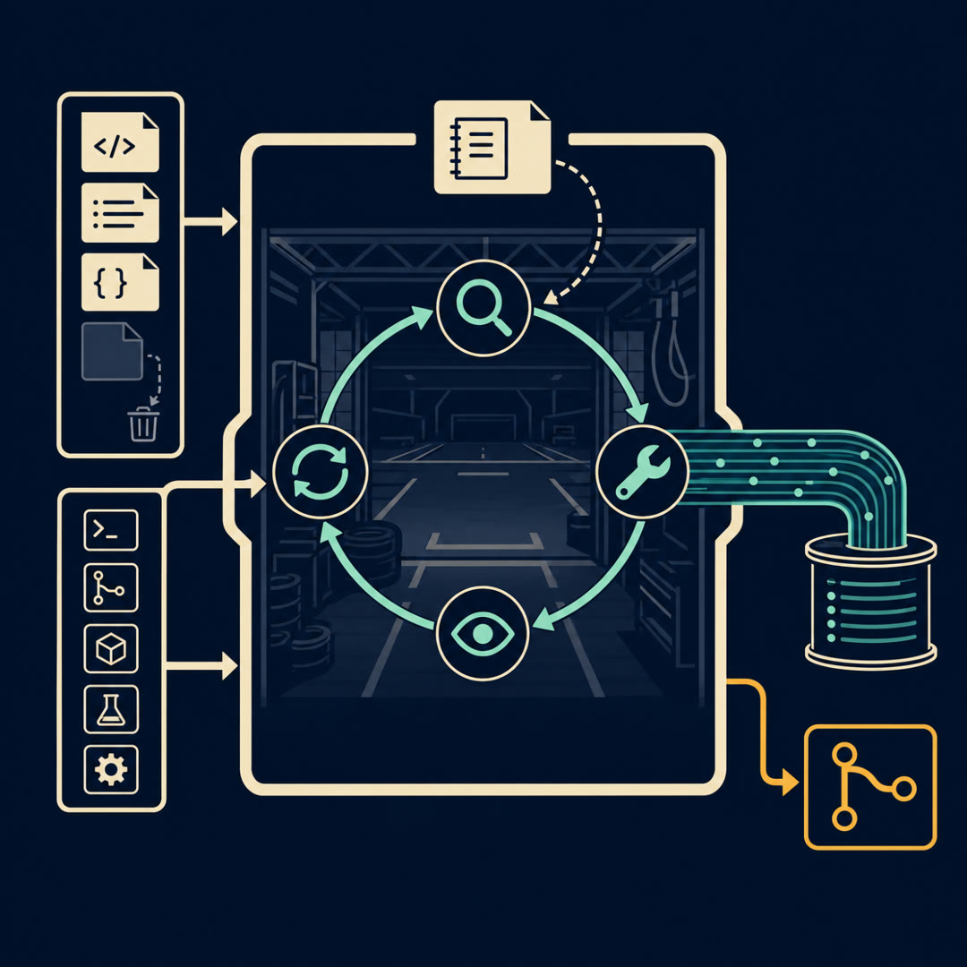 2D editorial illustration: a central four-node agent loop wrapped in a cream harness frame fed by a context card-stack, a tools rail, and a memory note; a cyan trace ribbon spools out to a log reel while an amber arrow hands off to a pull-request branch glyph. No text, no 3D.