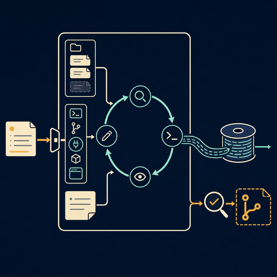 2D editorial illustration: an assigned-task ticket enters a cream harness frame through a gate into a four-node agent loop fed by a context card-stack, a tools rail (one repo-plug icon, one browser icon), and a memory note; a cyan trace ribbon spools to a log reel while an amber arrow hands off to a dashed, half-open draft pull-request branch glyph guarded by an approval-gate checkmark lens. No text, no 3D.