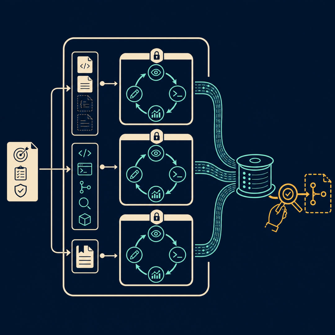 2D editorial illustration: one definition-of-done card at the left splits into three arrows feeding three identical sealed sandbox boxes inside a cream harness frame, each box holding its own four-node agent loop and marked with a small closed-lock notch for internet-free isolation; cyan trace ribbons spool from all three and converge into one shared log reel, then a single amber arrow hands off to a dashed, half-open draft pull-request branch glyph guarded by an approval-gate checkmark lens. No text, no 3D.