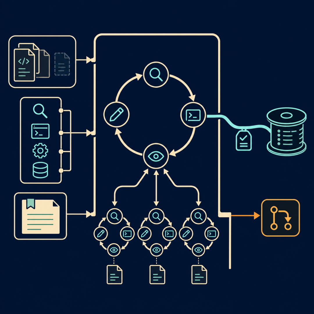 2D editorial illustration: a central four-node agent loop in a cream harness frame fans three branch-arrows out to three smaller satellite loops, each carrying its own small context card; their findings converge back to the center, a cyan trace ribbon spools out past a small check-mark footnote node to a log reel, and an amber arrow hands off to a pull-request branch glyph. No text, no 3D.