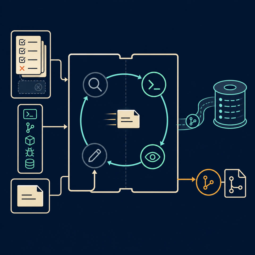 2D editorial illustration: a central four-node agent loop inside a cream harness frame fed by a checklist of tick/cross marks, a tools rail, and a folded memory note; the memory note is handed across a faint seam from a darkened finished station to a bright new one, while a cyan trace ribbon with a small branch save-point marker spools out to a log reel. No text, no 3D.