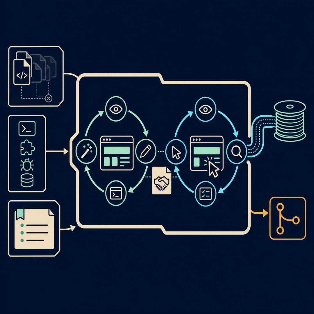 2D editorial illustration: inside a cream harness frame, a left maker loop assembles a small app-window while a right critic loop presses a reviewer lens and cursor onto that same running app; a folded contract card sits between them; the inherited context card-stack, tools rail, and memory note feed the frame, a cyan trace ribbon spools to a log reel, and an amber arrow hands off to a pull-request branch glyph. No text, no 3D.