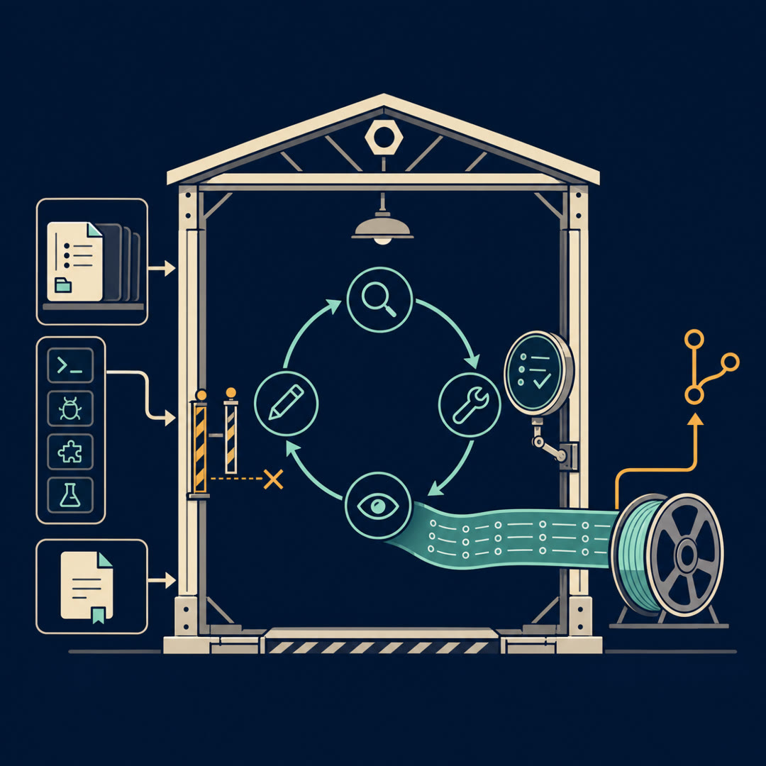 2D editorial illustration: a four-node agent loop running inside a cream harness frame drawn as a small workshop bay; fed by a trimmed index card-stack, flanked by linter guard-rail bars stopping a mis-routed arrow on one side and an inspection mirror-lens on the other; a cyan trace ribbon spools to a log reel and an amber arrow hands off to a pull-request branch glyph. No text, no 3D.