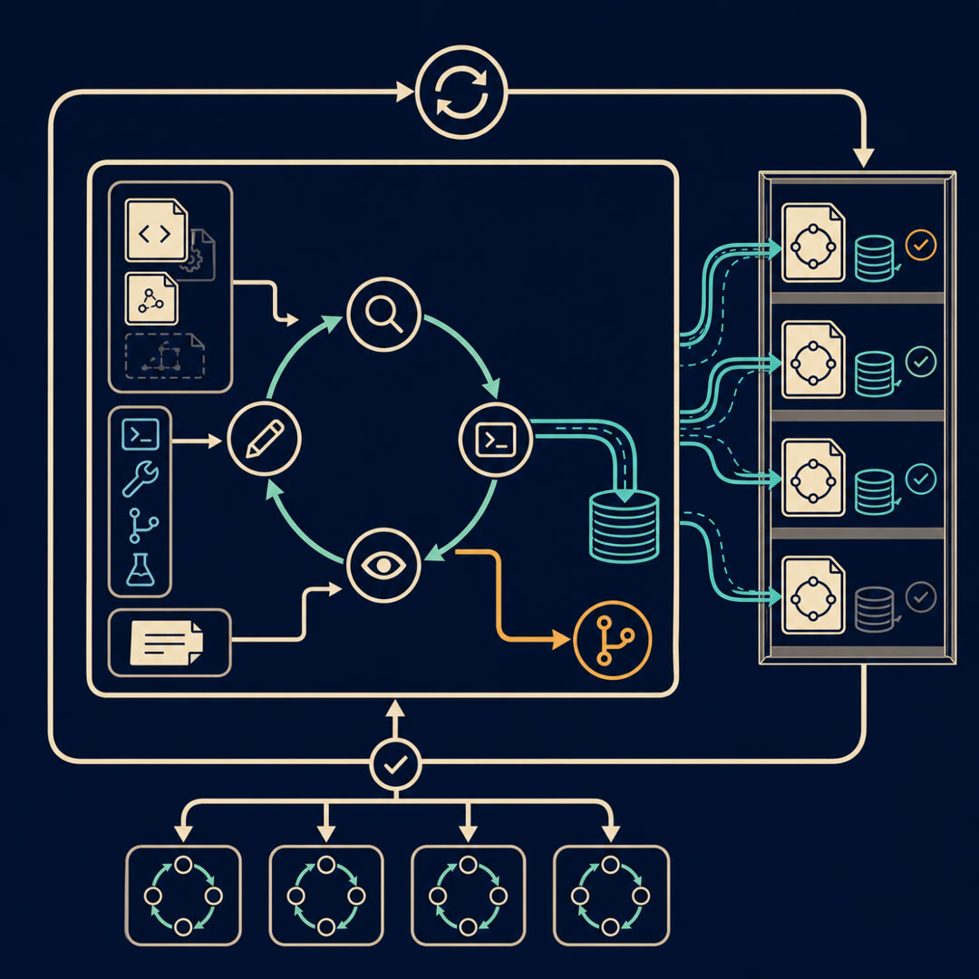 2D editorial illustration: an inner four-node agent loop in a cream harness frame is enclosed by a larger outer 'proposer' loop whose arrow reaches a filesystem shelf stacked with past harness cards, each paired with a small trace reel; cyan trace ribbons feed into the shelf, the proposer loops back to redraw the inner harness frame, and one discovered harness card branches to a row of identical small loops standing for transfer across models. No text, no 3D.