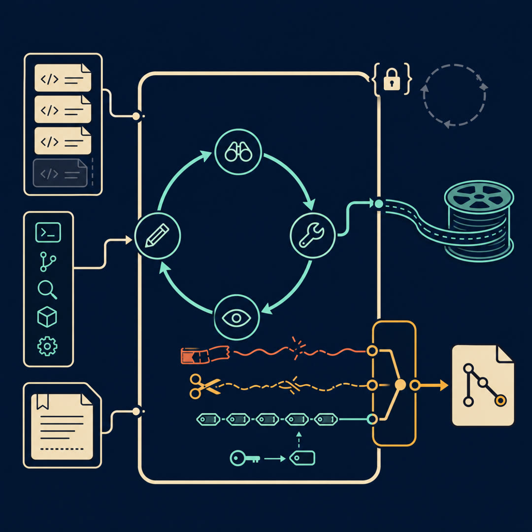Flat-vector navy-and-cream technical diagram: a central agent-loop ring inside a cream harness frame fed by a context card-stack, tools rail, and memory note; an amber hand-off arrow passes through a three-way format-selector gate into a file card, where two wavy snapped channels (broken diff and find-and-replace) fail and one clean channel of tag-chips flows smoothly; a cyan trace ribbon spools to a log reel, and a small padlock bracket fences off an external loop at the frame's edge.