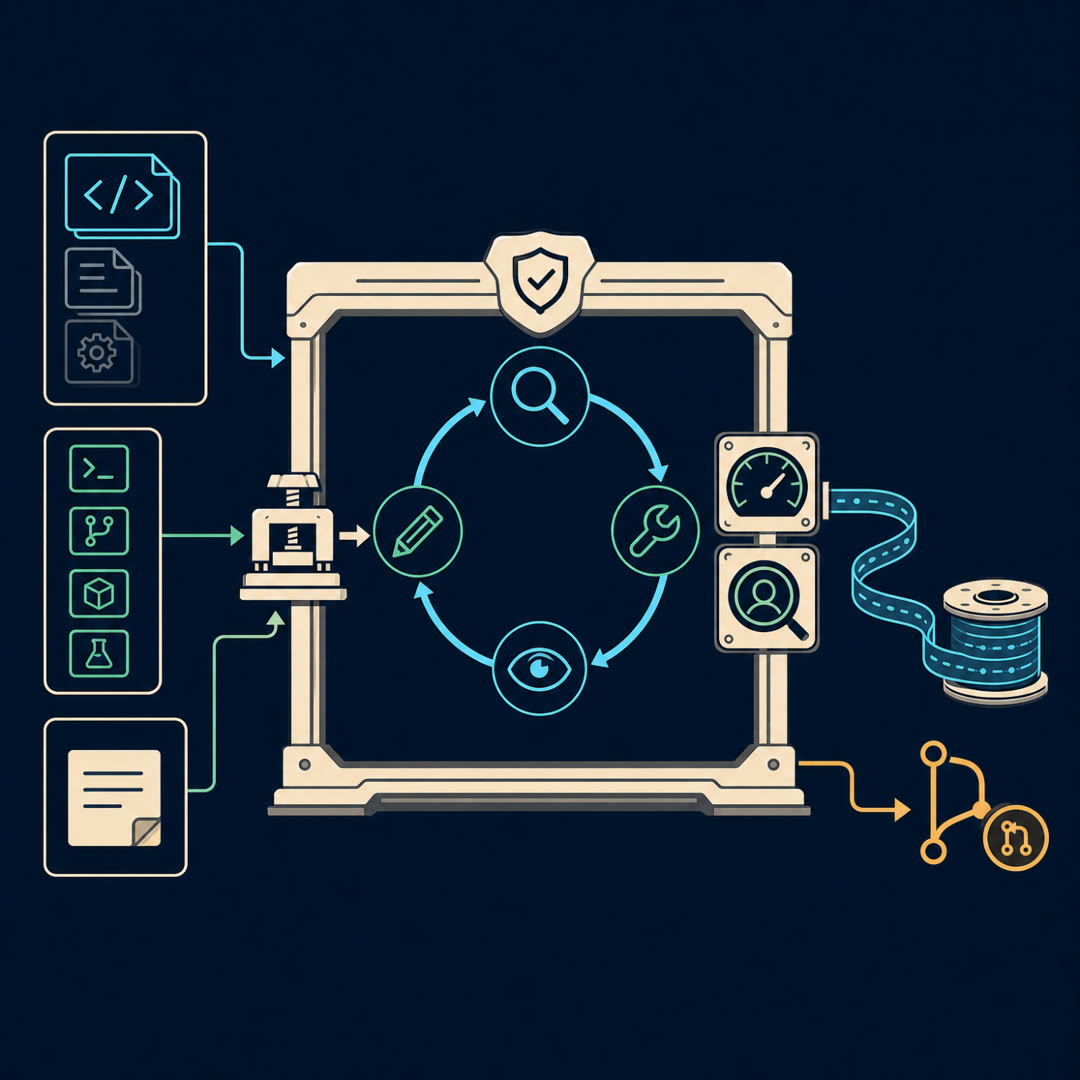 2D editorial illustration: a four-node agent loop inside a cream harness frame, with a jig-clamp guide icon feeding it on the left and two gauge icons reading the output on the right — one a hard-edged dial, one a soft reviewer-lens; the three feed panels, a cyan trace ribbon to a log reel, and an amber pull-request hand-off remain. No text, no 3D.