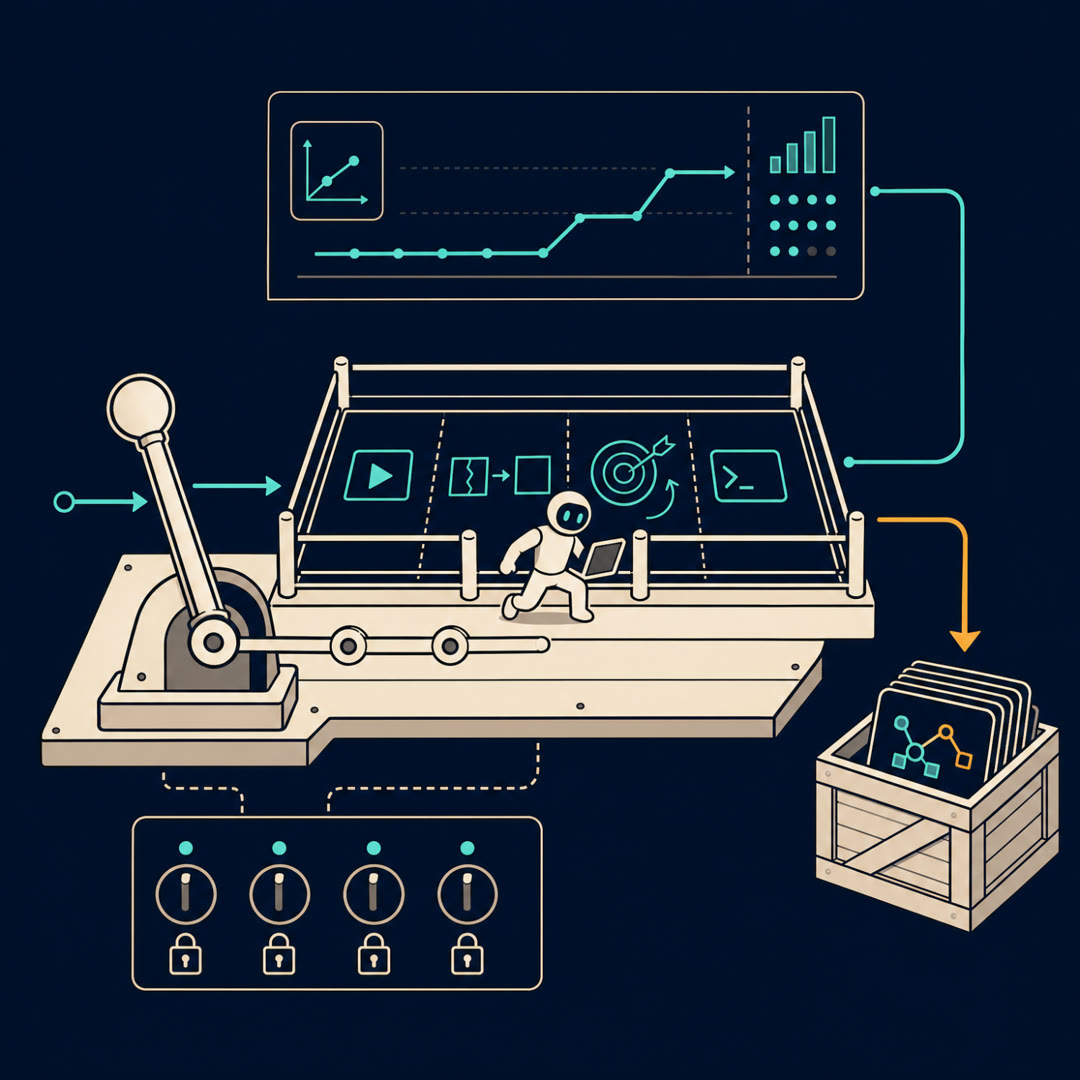 2D editorial illustration: an improvement bench with a large pull-lever on the left linked across to a small coding-agent figure exercising in a fenced training pen subtly split into four bays; a row of locked control dials, a cyan trace line stepping up, and an amber arrow dropping the gain into an open crate of reusable task-cards. No text, no 3D.