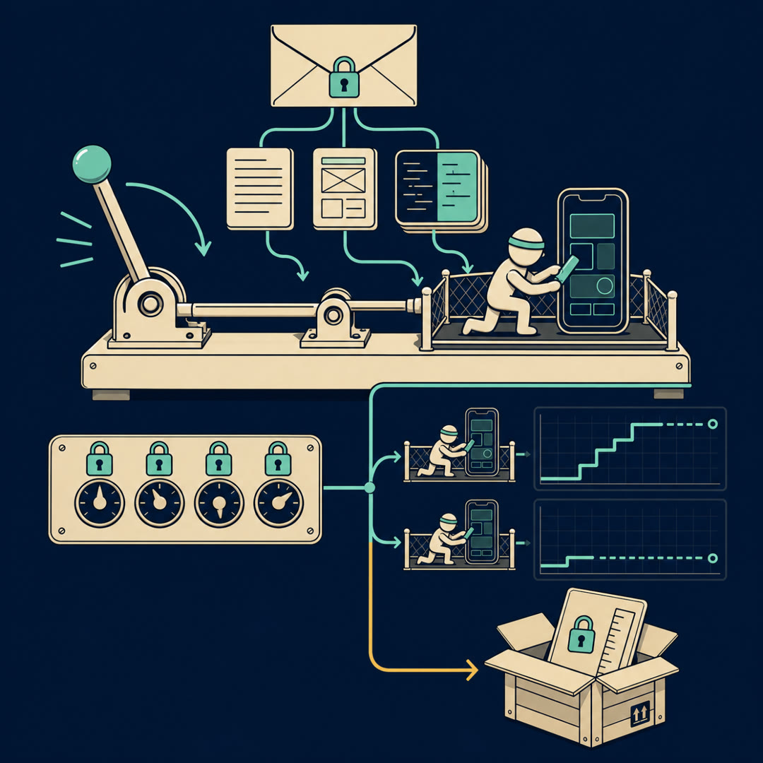 Flat-vector navy-and-cream technical diagram: a cream exam envelope held shut by a mint padlock (the sealed hosted test set) fans out three icon-only spec slips toward a fenced pen — a lined prose slip (product spec), a small framed wireframe slip (Figma design), and a thick two-tone layered stack-card (the mixed Swift/Objective-C codebase); inside the pen a small agent figure works against a tall phone-shaped app frame, and the cyan results trace rises only one short step before stalling low (the ~12% ceiling). A second identical agent-in-pen wired to the same locked envelope reaches a much higher step, with a small cyan branch fork between the two (same model, up to six-fold swing across agent designs). The artifact crate holds one icon-only ruler card stamped with the same padlock — a sealed yardstick, not task-cards.