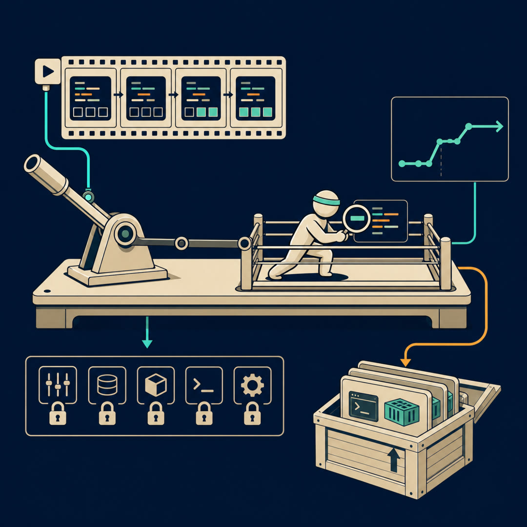 2D editorial illustration: an improvement bench whose pull-lever is driven by a small execution-trace filmstrip — frames of a code block with changing variable-state cells; the lever links across to a coding-agent figure exercising in a fenced pen holding a magnifier over one code line, past a row of locked control dials, with a cyan trace line stepping up and an amber arrow dropping into an open crate of small container-box artifact cards. No text, no 3D.