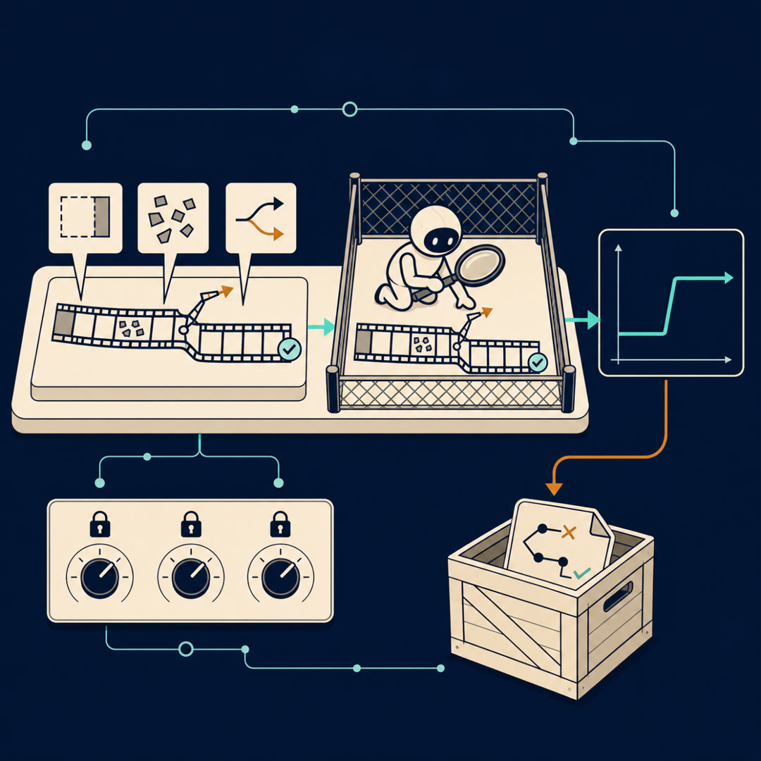 2D editorial illustration: an improvement bench whose execution-trace filmstrip is laid flat like a patient on a diagnostic clinic panel, tagged with three icon-only fault markers — a greyed cut-off tail frame (token exhaustion), a variable-cell of torn misaligned pieces (string tokenization), and a wrong-branch fork after which the cells stay tidy (wrong action, state still tracked). A coding-agent figure in a fenced pen holds a magnifier over the filmstrip, a row of locked control dials stands fixed, a cyan trace line steps up, and an amber arrow drops a folded failure-map card into an open artifact crate. No text, no 3D.