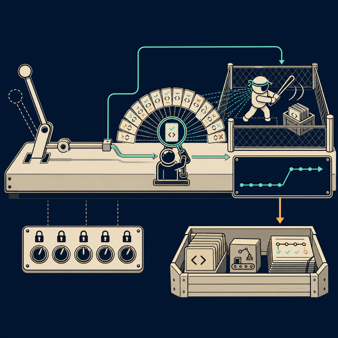 2D editorial illustration: an improvement bench whose two-notch pull-lever forks into two cyan branches — one looping back into a fenced pen where a coding-agent figure trains (fine-tuning the agent), the other running to a mint reviewer-lens (training the verifier). The agent fans out many small patch-cards for one ticket, some tagged with a pass-tick and some with a fault-mark; the verifier-lens highlights exactly one card, which alone continues along the cyan trace to a rising results step. A row of locked control dials stands fixed, and an amber arrow drops the reusable task-cards plus a stamped graded-trajectory stack into an open artifact crate. No text, no 3D.