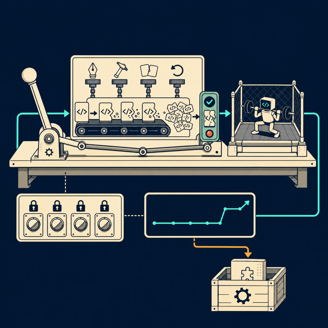 2D editorial illustration: an improvement bench whose left lever drives a cream 'bug foundry' conveyor — one intact code-card goes in, many small fractured code-cards come out, stamped by four tiny icon-only forge-heads (a pen-nib for LM rewrite, a hammer for procedural syntax edits, two clipped cards for combining, a rewind-arrow for reverting a real pull request). The fractured cards pass a single mint validity gate where each must light a small red test-mark to continue, then feed a fenced pen where a coding-agent figure trains. A row of locked control dials stands fixed; an amber arrow drops one shared environment box (carrying a whole stack of task-cards) into an open artifact crate; a cyan/mint results trace rises at the end. No text, no 3D.