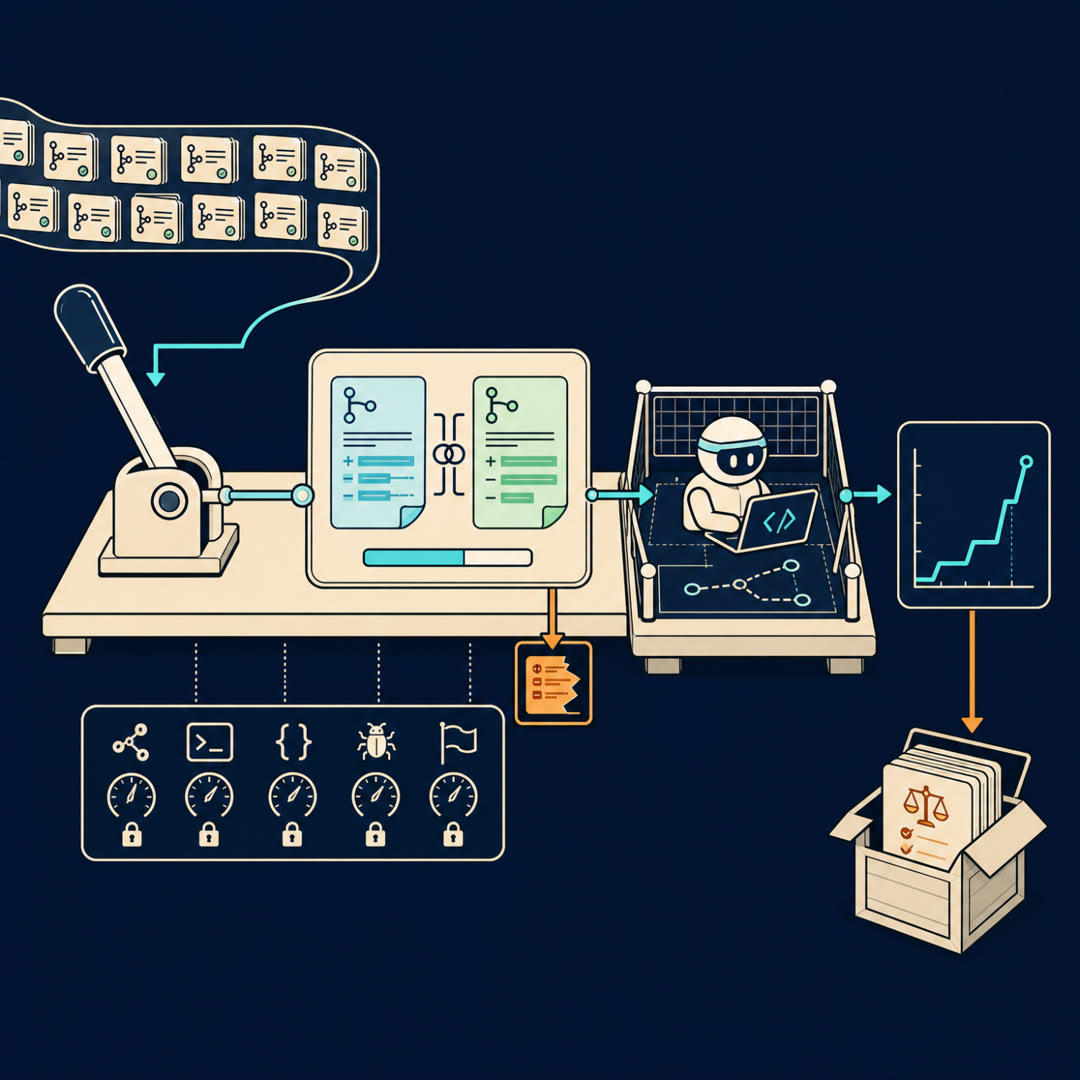 2D editorial illustration: an improvement bench where the lever's linkage reaches a cream 'comparison grader' instead of a test harness — two patch-cards lie side by side, a cyan candidate patch and a mint human-merged patch drawn from a long ribbon of past pull-request cards, clamped by a small overlap/diff bracket that emits a single partial-fill cyan bar (a similarity score, a smooth dial rather than a pass/fail check). A long horizontal ribbon of many tiny stacked pull-request cards feeds the lever (public software history replacing a built environment); a torn-cornered amber card sits in a discard slot (the penalty for an unparseable patch). A fenced agent pen trains from the grader's signal, a row of locked control dials stays fixed, a cyan/mint results trace rises, and an amber arrow drops a small reward-recipe card into an open artifact crate. No text, no 3D.