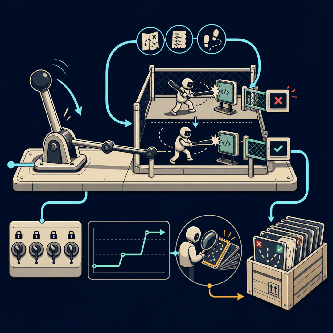 Flat-vector navy-and-cream technical diagram: a coding-agent figure in a fenced training pen swings at a patch card and fails a mint unit-test gate; a curved cyan arrow loops feedback (a plan tile, a torn error slip, a footstep step-note) back into the pen, after which a second swing passes; a small reviewer-lens scout beside a rising results trace highlights one card from a fan of finished patches; an amber arrow drops an unlabeled stack of trajectory cards (some with a small red fault-mark, some with a mint check) into an artifact crate.