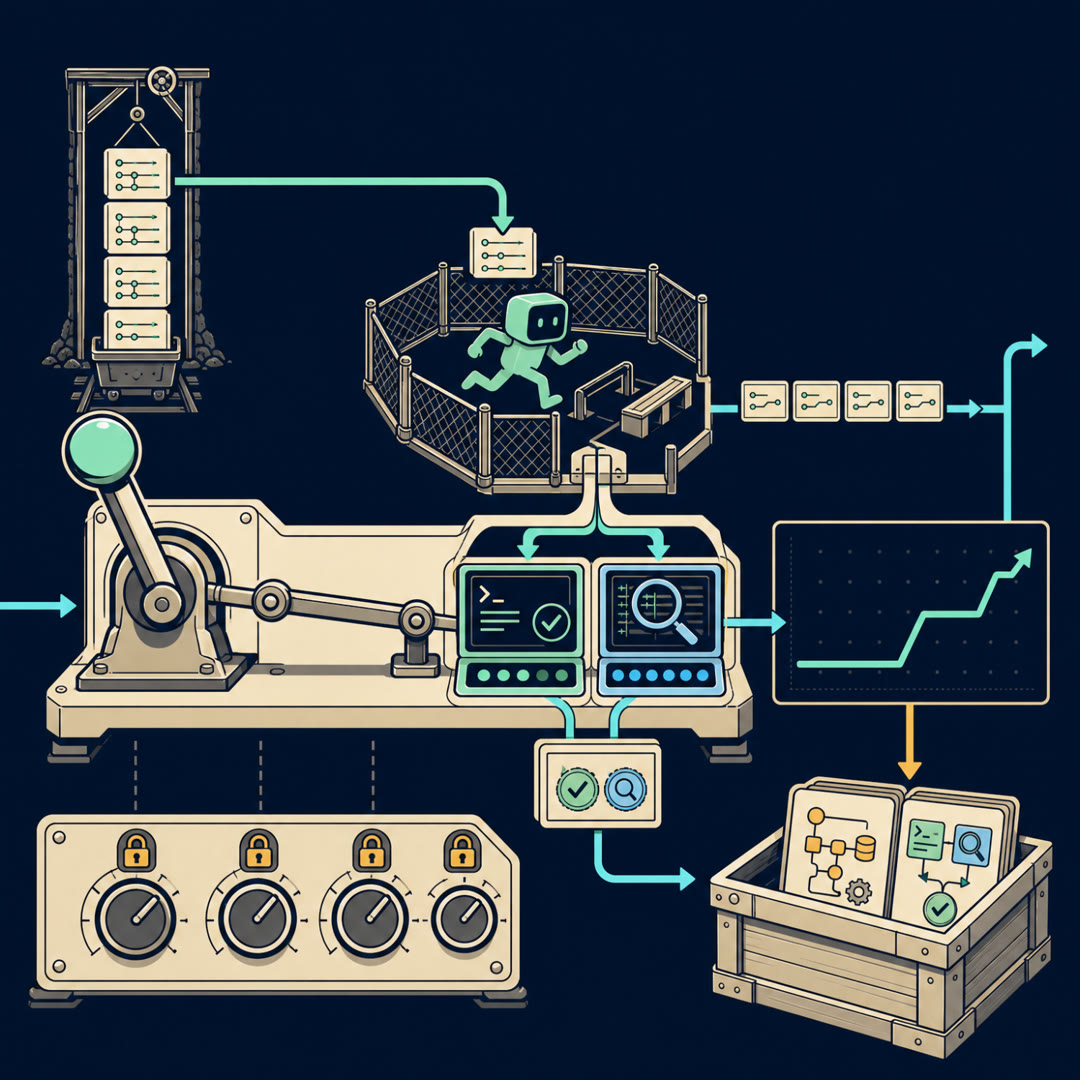 Flat-vector navy-and-cream technical diagram: a coding-agent pen sprays patch-cards into a forked two-judge gate — one mint execution/test-tick grader, one cyan reviewer-lens diff grader — and only cards stamped by both rise along a cyan results trace; a stack of commit-cards feeds the lever, and the artifact crate holds a pipeline-recipe card and a two-grader scheme card.