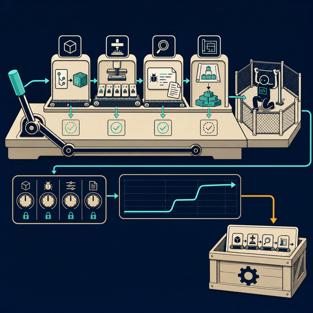 Flat-vector navy-and-cream technical diagram: a horizontal data-factory conveyor runs through four icon-only stations — a container-builder turning a repo-card into a runnable box, a press stamping out many tiny bug-fix cards, a single detailed repair card with an issue-report slip, and a blueprint being assembled into a built structure — each output carrying a QC stamp drawn firmly for the repair lanes and faintly for the build output; the artifact crate holds a small factory-line icon card instead of plain task-cards, beside the inherited agent pen, control-dial row, and rising results trace.