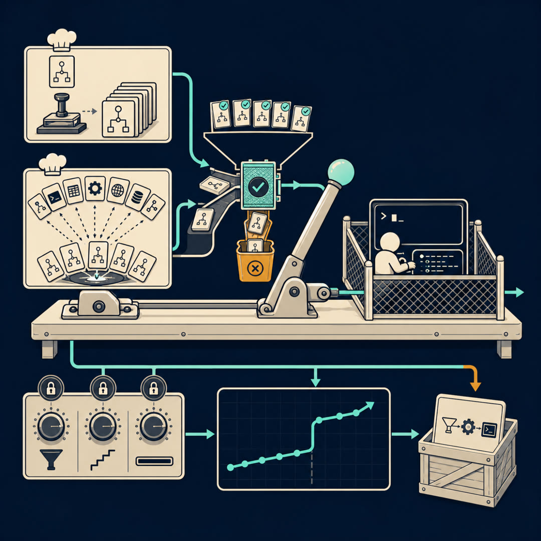 Flat-vector navy-and-cream technical diagram: two small task-kitchen heads feed a pull-lever — one stamping copies off a single real reference card (seed-based), one fanning fresh cards out from a skill-tile cluster (skill-based) — both pouring through a mint quality-filter gate that passes a few cards and drops most into an amber reject bin; inside the fenced pen a small agent figure operates a stubby command-prompt panel with an output strip (driving a terminal), the control-dial row re-drawn as three icon knobs (funnel/filter, stepped ladder/curriculum, long bar/long-context), and the artifact crate holding one small pipeline icon card beside the rising results trace.