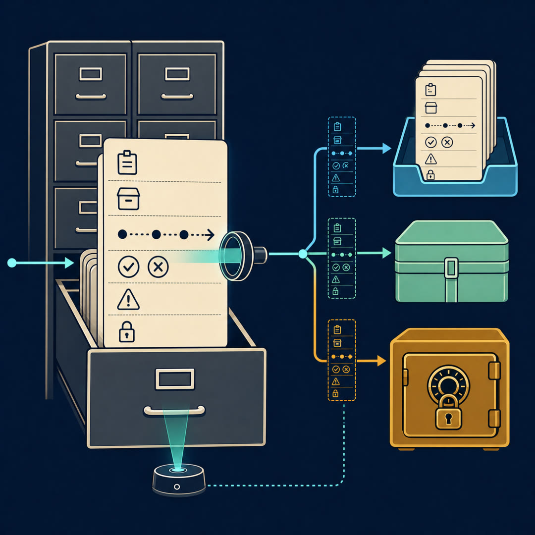 2D editorial illustration: one cream work-record card for a bug-fix run, its body split into six icon-only layer-bands (ticket, container, dotted trajectory ribbon, check-and-cross, warning triangle, padlock), half-slid into an open filing-cabinet drawer; a cyan sorting fork copies the card into three bins — an open cyan trainable tray, a sealed mint eval-only tray, and a locked amber safety vault — with a small scanner lens passing over the card. No text, no 3D.