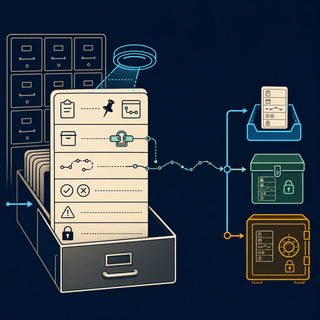 2D editorial illustration: a cream work-record card half-slid into an open filing-cabinet drawer, enlarged so its top two icon-only layer-bands read clearly — a ticket/clipboard task band fixed by a small pin to a frozen repo-snapshot icon, and a container/box environment band clamped shut to read as runnable. A trajectory ribbon flows out of the environment band tethered by a thin alignment thread, and a scanner lens passes over the card top; behind, a cyan trace ribbon runs to a sorting fork feeding an open cyan trainable tray, a sealed mint eval-only tray, and a locked amber safety vault. No text, no 3D.