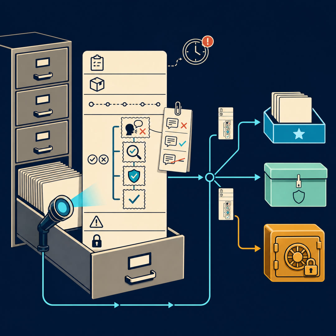 2D editorial illustration: the verification band of a cream work-record card enlarged into a short vertical ladder of icon-only stamp-rungs climbing the card — bottom rung a check for a passed public test, next a check behind a shield for a passed hidden test, next a lens-and-check for a verifier score, top rung a small human head with a speech bubble for human review. The machine rungs each show a cyan check while the top human rung shows an amber cross, reading as a green-machines / red-human disagreement. A small review-transcript slip clips off the top rung with icon-only comment marks — one carrying an applied-fix tick (acted on), one struck through (ignored) — and a clock with a late red dot hangs past the top of the ladder as a post-merge regression arriving after the fact. The rest of the record card sits in its open filing-cabinet drawer at left, and a cyan trace ribbon runs to a sorting fork feeding an open cyan trainable tray, a sealed mint eval-only tray, and a locked amber safety vault. No text, no 3D.