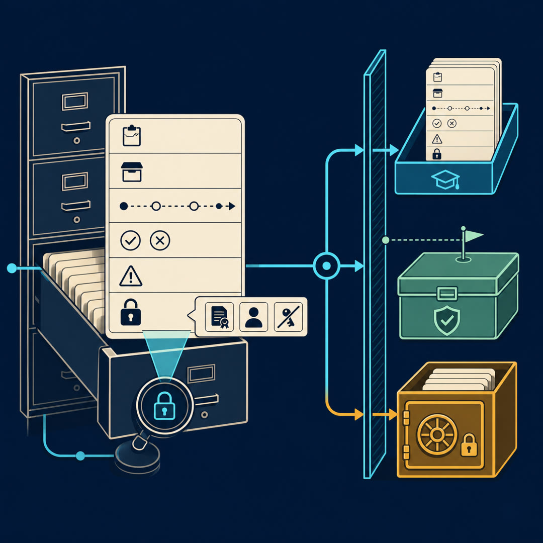 2D editorial illustration: a tall cream work-record card divided into six thin icon-only layer-bands (ticket, container, step-dotted ribbon, check-and-cross, warning triangle, padlock) is half-slid into an open cream filing-cabinet drawer on the left, feeding a cyan trace ribbon into a sorting fork on the right. Pinned to the card's bottom governance band sit three tiny clearance tags — a sealed document for license, a head silhouette for private information, a key with a slash for secret-scan. Rising straight out of the sorting fork is a solid flat cyan dividing wall that cleanly separates a cyan trainable tray on one side from a sealed mint eval-only tray on the other, so train and test cannot touch; an amber safety vault stays locked at a third track. Inside the sealed eval tray sits a small flag-on-a-pin canary marker with a faint line back to the wall, a planted leak detector. A small scanner lens hovers over the card's governance band. Calm left-to-right navy system diagram, no text, no 3D.
