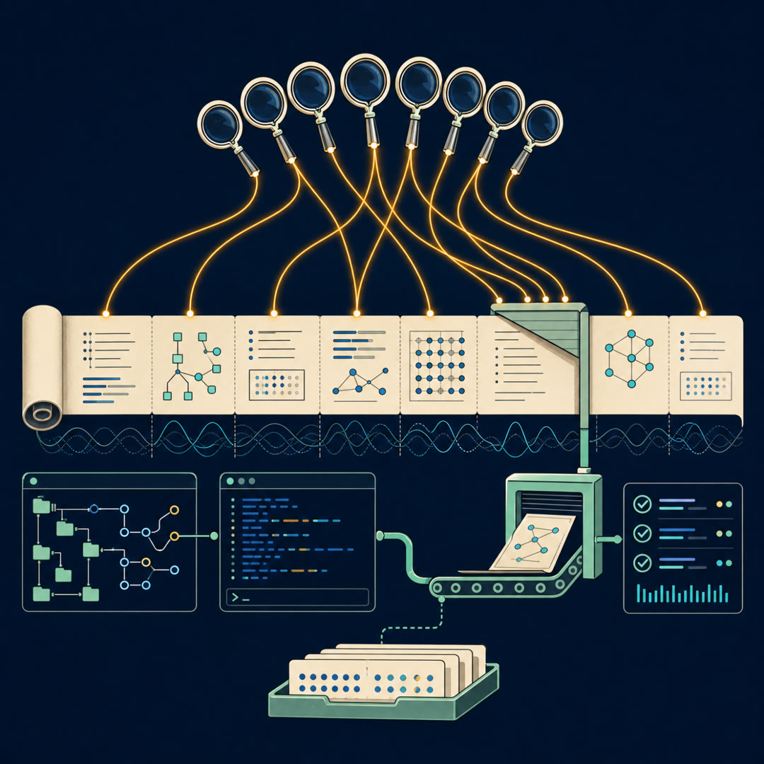 Flat 2D illustration of a long contract unrolled as a ribbon of cream panels across a dark navy workspace; a fan of eight small lenses hovers above, each casting an amber thread to a different distant panel, a faint wave-pattern watermark runs beneath the ribbon, and one panel near a mint gate is half-covered by a sliding shade with threads reaching only backward.