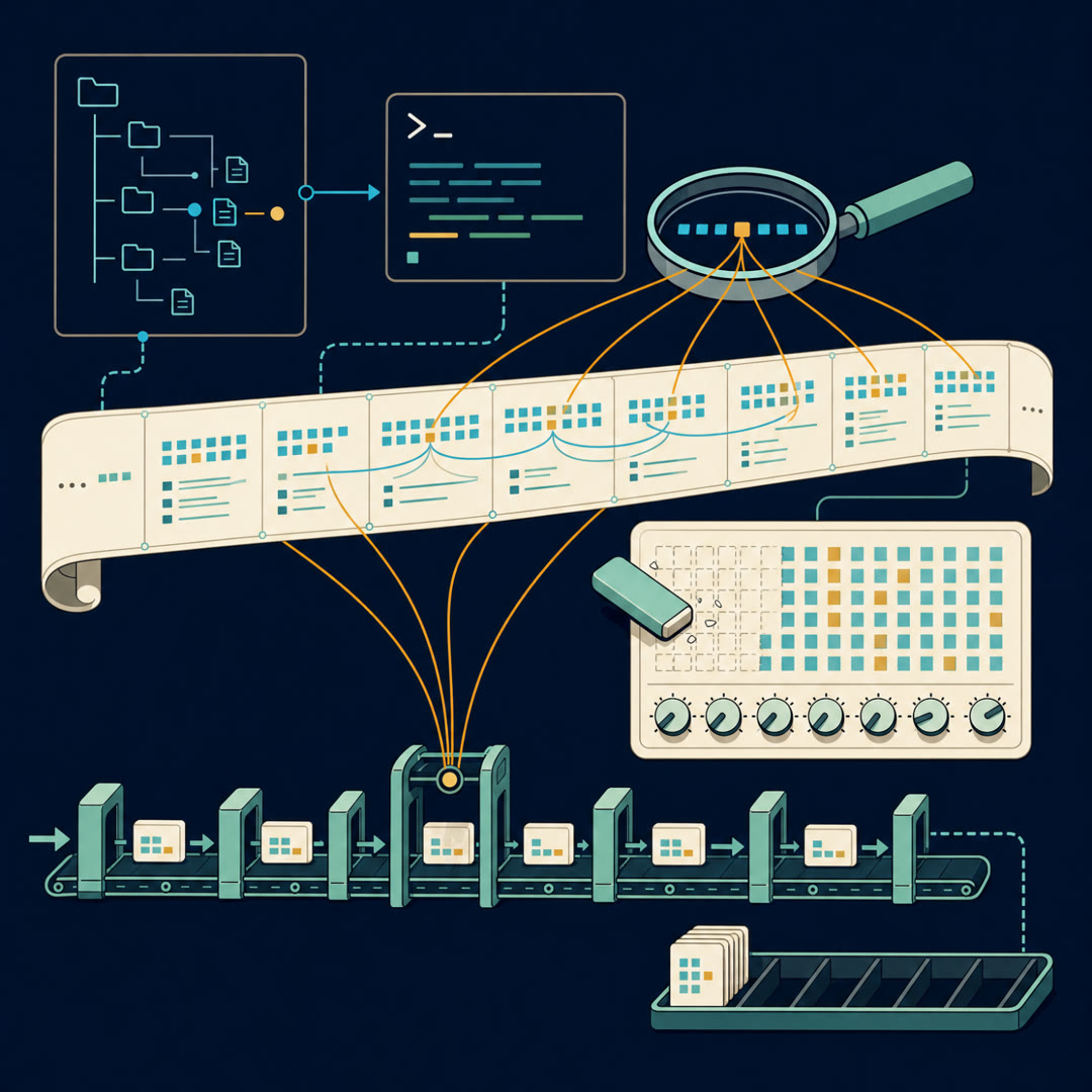 Flat 2D illustration of a long contract unrolled as a ribbon of cream panels across a dark navy workspace; beside it, a fixed slate board with a grid of cyan and amber marks is half-swept by an eraser, a row of small dials lines its edge, a stack of memory cards stands at quarter height, and every fourth gate on a mint conveyor is drawn heavier with amber threads arcing to distant ribbon panels.