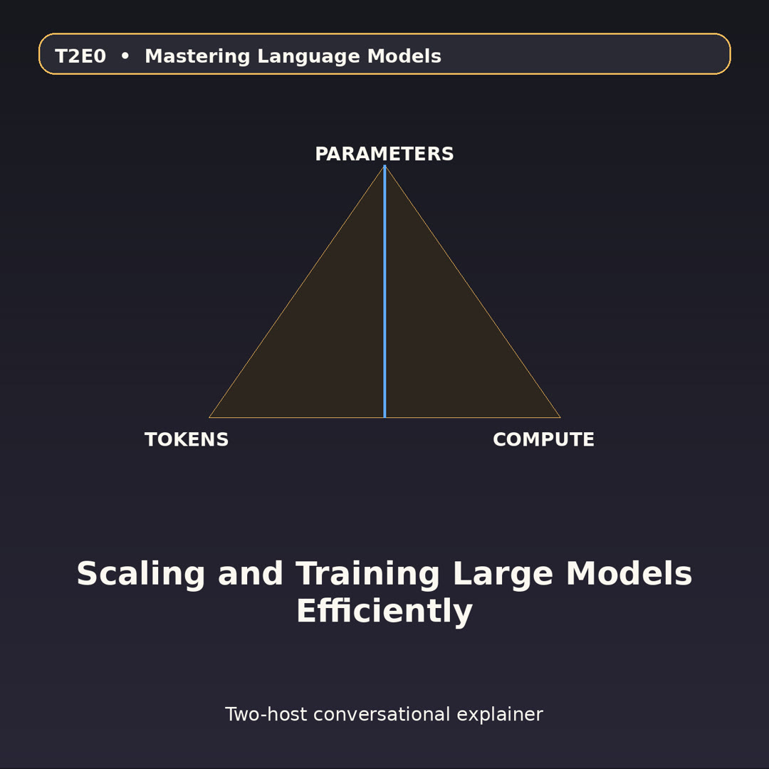 A compute-data-parameters triangle balanced over a scaling curve.