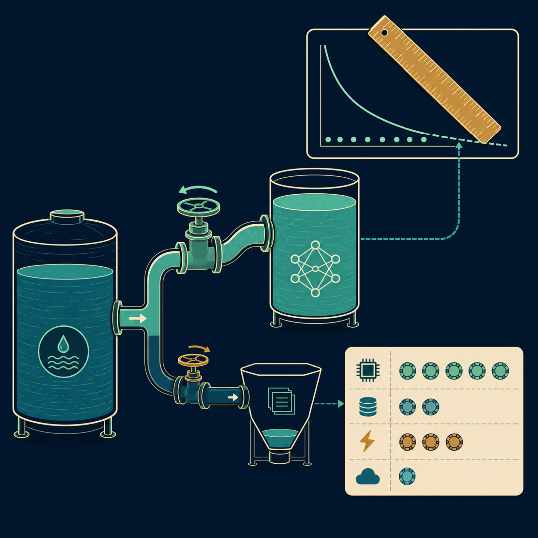 Flat-vector illustration of a compute reservoir feeding a wide-open valve into a nearly full model vessel beside a low token hopper, while a ruler on a plotting panel extends a dotted loss curve into a dashed forecast.