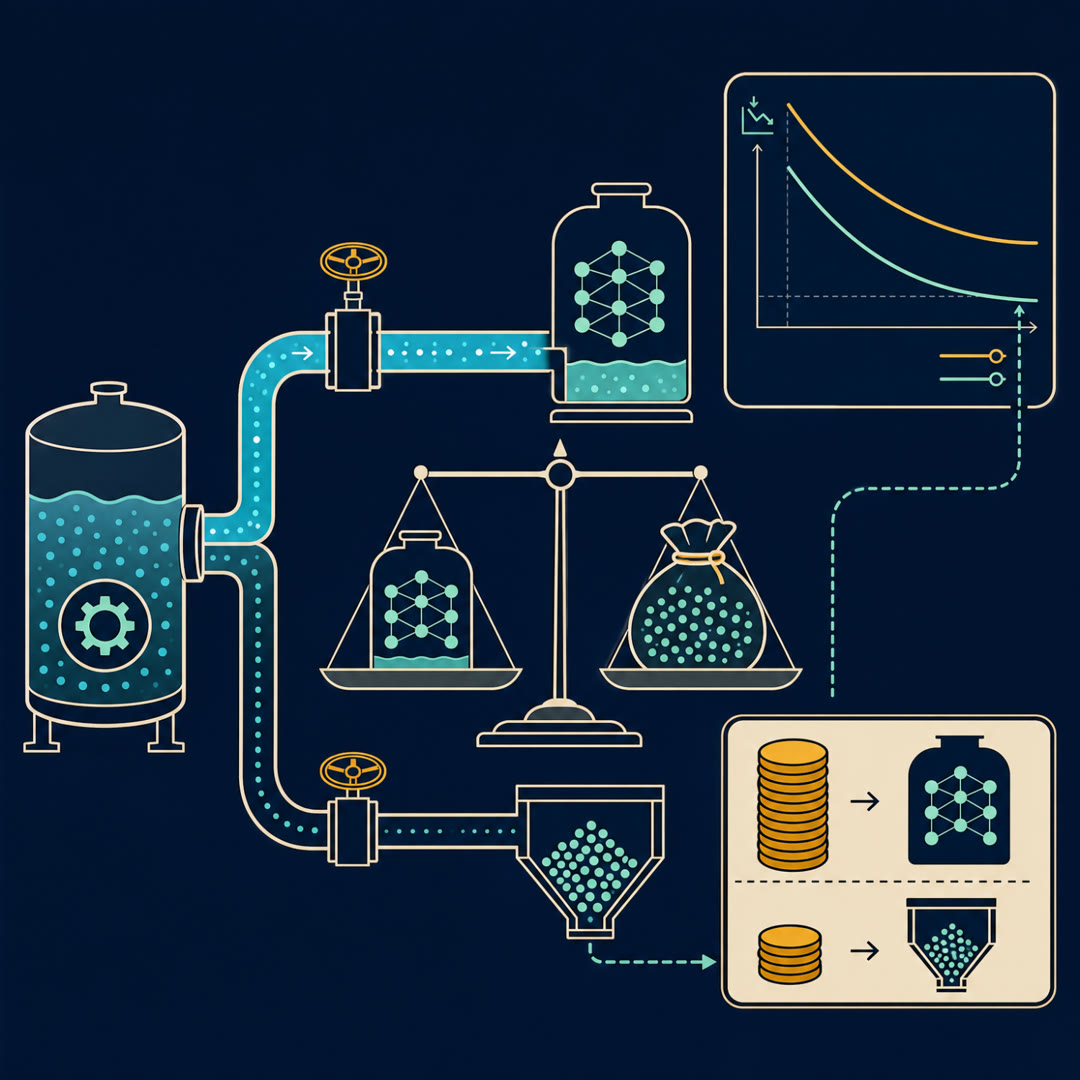 Flat-vector illustration of a compute reservoir and valve manifold beside a level balance scale weighing a small model vessel against a full token sack, with two loss curves on a plotting panel and uneven cost-chip stacks on a ledger.
